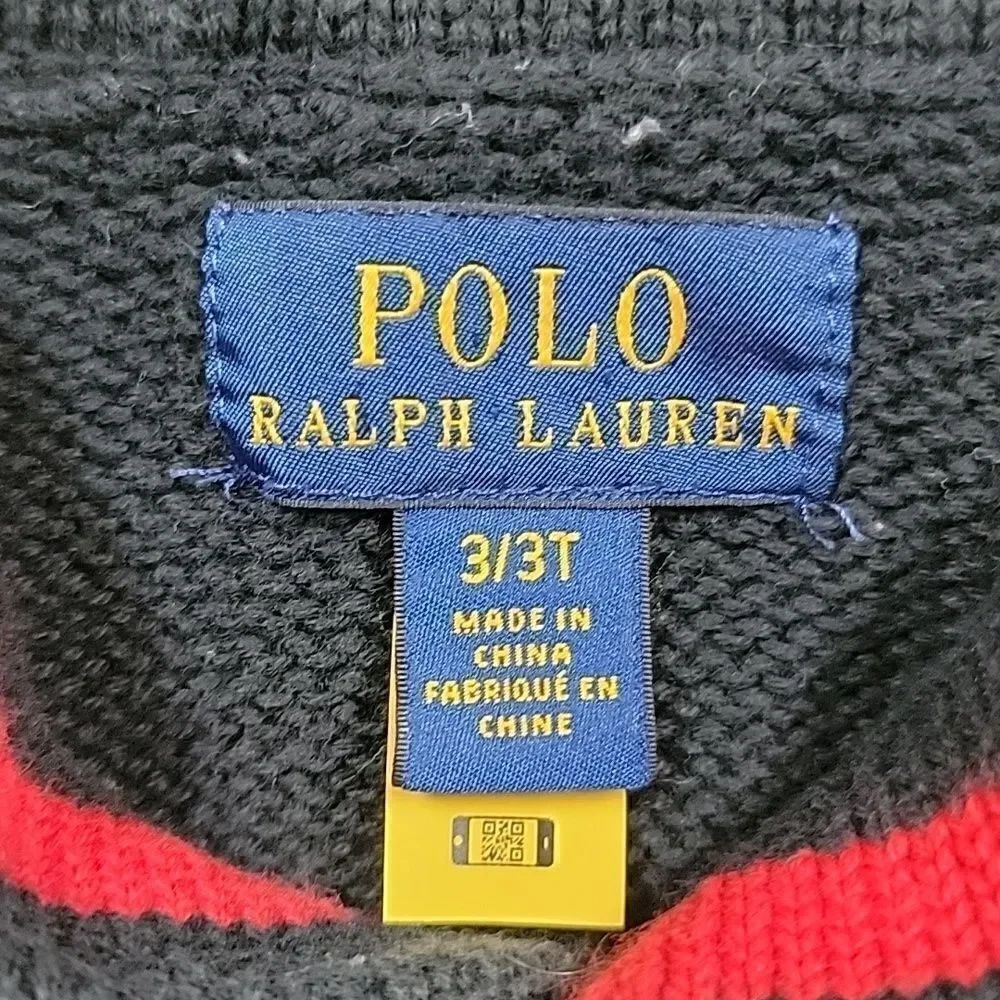 POLO RALPH LAUREN BLACK LOGO SHAWL COLLAR SWEATER, SIZE 3T